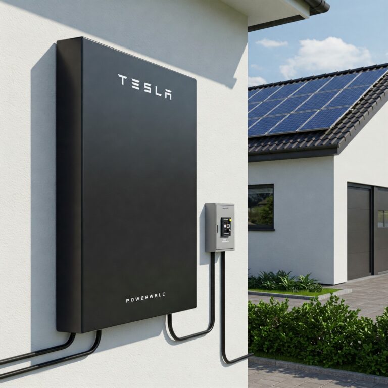 matte black Tesla Powerwall is mounted on the white exterior wall of a modern suburban home with solar panels on the roof, showcasing its integration into the home's solar energy system