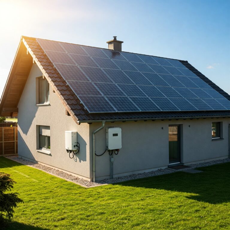 A modern house with solar panels on the roof and a solar inverter unit mounted on the exterior wall, representing a home solar energy system